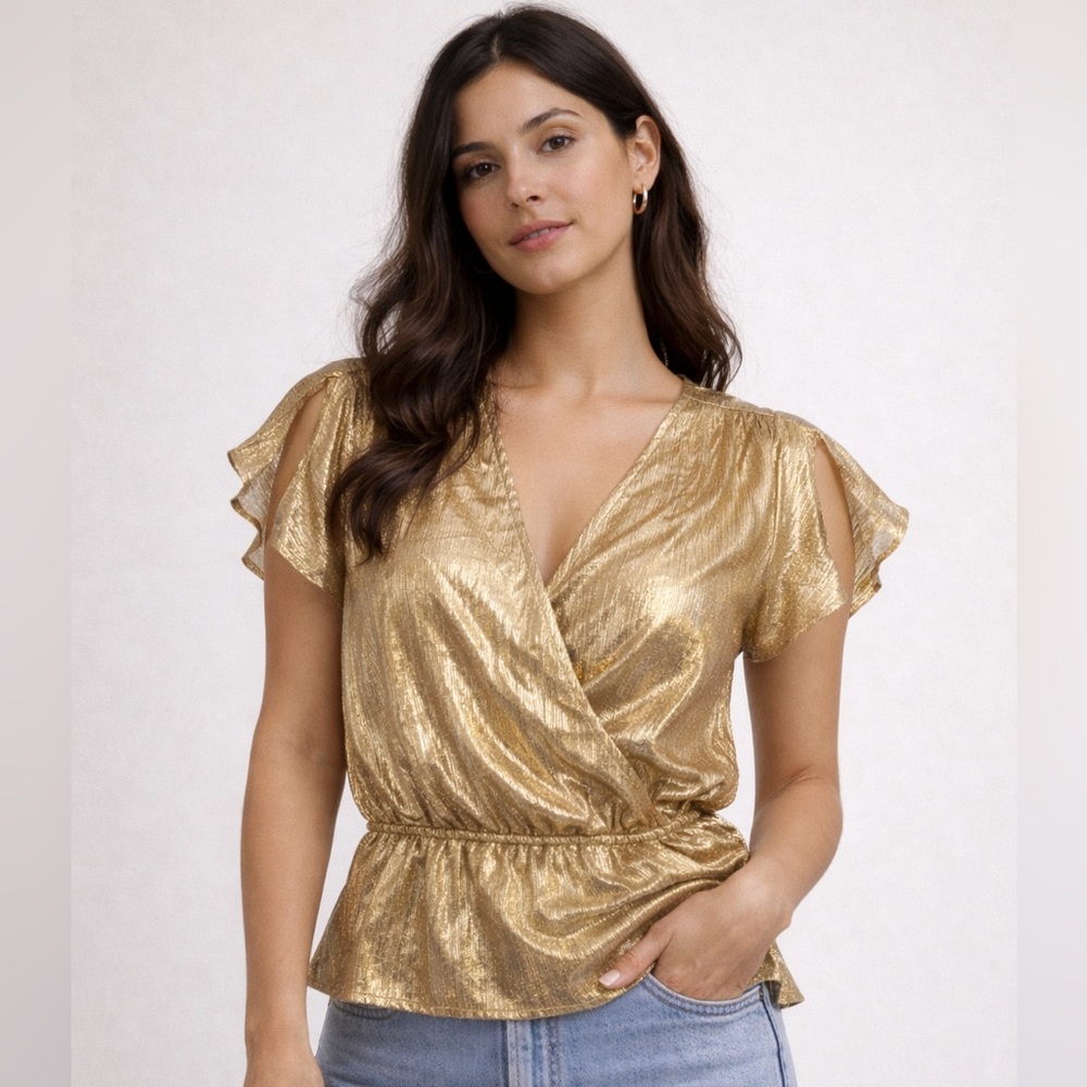 VTG Moda International Gold Metallic Ruffle Bottom Short Sleeve Small Top